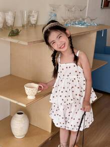 SHEIN Girls' Summer Holiday  Cute Polka Dot Printed Tank Top & Ruffled Lantern Pants Two-Piece Set - Coffee Brown - View 5