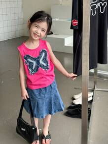 SHEIN 2pcs/Set Cute & Lively Girls Outfit: Fashion Casual Tank Top With Bow Applique + Denim Skirt, Suitable For Summer Commute & Daily Wear - Multicolor - View 1