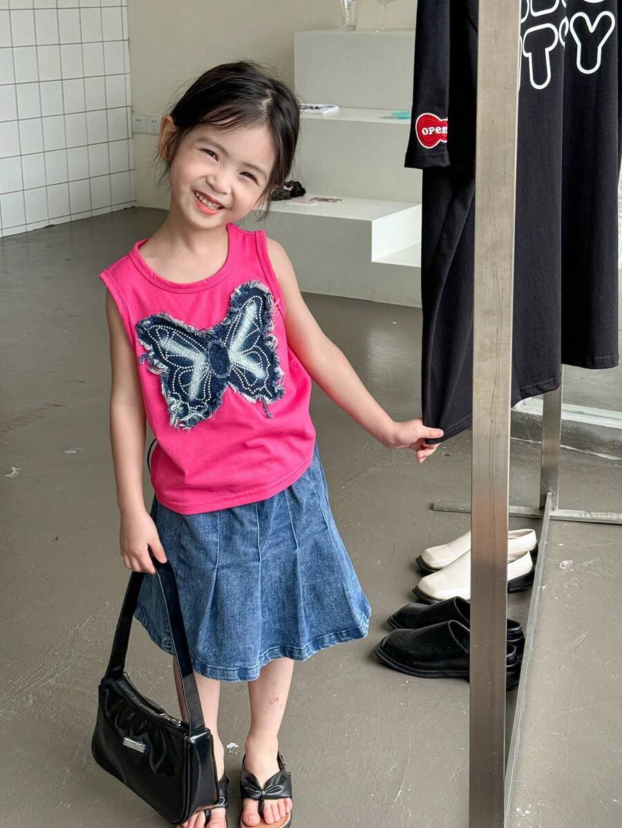 SHEIN 2pcs/Set Cute & Lively Girls Outfit: Fashion Casual Tank Top With Bow Applique + Denim Skirt, Suitable For Summer Commute & Daily Wear - Multicolor - View 1