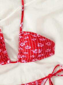 SHEIN Swim 女士夏季沙灘印花露背頸帶胸罩和比基尼底部時尚紅色比基尼泳裝套裝，隨機圖案 - 紅色 - 查看 4
