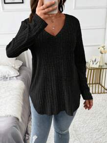 EMERY ROSE Camiseta de punto de cuello en V de unicolor talla grande - Negro - Ver 6
