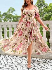 SHEIN Clasi Plus Size Vintage Printed Sweetheart Neck Dress With Ruffle Trim Maxi Women Outfit For Summer - Multicolor - View 6