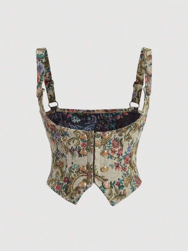 SHEIN MOD Vintage Jacquard Spaghetti Strap Corset With Double Buckle, Plus Size Women's Bustier