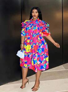 Slaydiva Colorful Casual Plus Size Printed Loose Puff Sleeve A-Line Dress For Women