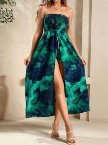 SHEIN Clasi Top largo tipo bandeau con estampado floral y dobladillo dividido para vacaciones