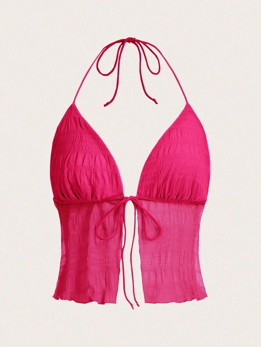 SHEIN ICON Split Hem Tie Backless Mesh Halter Top - Hot Pink - View 1