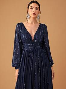 YISIKADO 女性高端優雅亮片派對連衣裙，V領、籠狀袖、網片拼接和寬鬆下擺，適用於正式場合 - 藏蓝色 - 查看 7