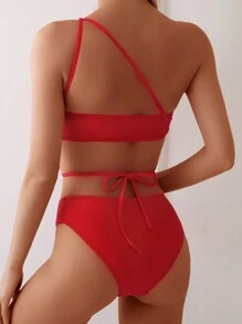 SHEIN Swim Women's Summer Beach Solid One-Shoulder Cut Out 3D Flower Decoration Top & Bikini Bottom Sexy Red Bikini Set - Red - View 4