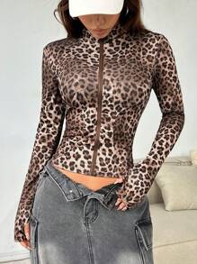 SHEIN EZwear Leopard Print Zip Up Skinny Crop Jacket For Spring & Summer - Brown - View 4