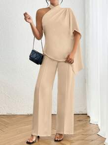 SHEIN Privé Áo Sơ Mi Xếp Ly Một Vai Đơn Giản & Thanh Lịch Màu Trơn & Quần Ống Rộng Lưng Cao - Màu be - Xem 4