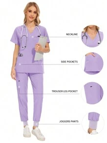 Ensemble de jogging pour femmes infirmière/doctor, uniformes de travail de blouse et de pantalon de chirurgie pour salle d'opération, vêtements de travail pour blouses de chirurgie d'hôpital - Prune - Voir 1