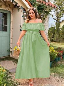 Flirla Vestido largo casual diario simple de unicolor para mujer de talla grande - verde menta - Ver 3