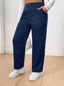 Flirla Plus Size Casual Striped Tapered Suit Pants