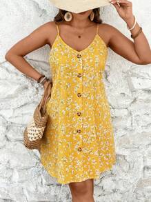 SHEIN VCAY Plus Size Vacation Spaghetti Strap Summer Boho Dress,Beach Dress Sundress,Holiday Outfits - Yellow - View 3