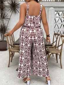 SHEIN Holidaya 大碼女士復古印花簡約日常連身褲帶子款 - 紅色 - 查看 2