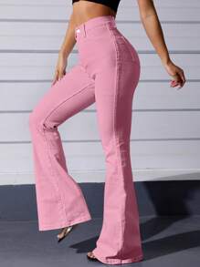 SHEIN EZwear 白色休閒曲線高腰喇叭褲 - 粉色 - 查看 3