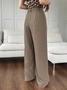 DAZY 休闲商务风格纯色宽松阔腿裤，带口袋，女士正装裤，秋季返校服 - 咖啡棕 - 查看 2