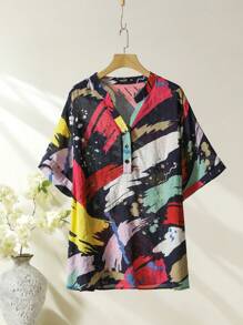 SHEIN LUNE Plus Size Summer Casual Printed Shirt And Solid Color Wide Leg Pants 2pcs/Set - Red - View 7