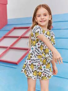 Mr Men Little Miss X SHEIN Young Girl Flower Letter Cartoon Print Casual Lettuce Trim Crop Top And Shorts Homewear Set - Yellow - View 5