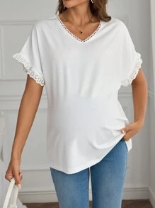 SHEIN 孕婦純色V領夏季休閒短袖T恤