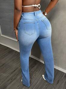 SHEIN Slayr 女性休閒修身口袋牛仔褲 - 藍色 - 查看 2