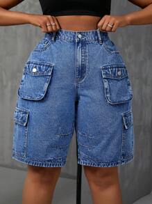 SHEIN SXY 大尺碼女性休閒牛仔短褲，帶口袋 - 中等水洗藍 - 查看 4