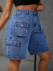 SHEIN SXY 大尺碼女性休閒牛仔短褲，帶口袋 - 中等水洗藍 - 查看 6
