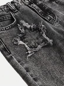 SHEIN Girlism Tween Girl Cute Star Pattern Water-Washed Straight Jeans - Black - View 4