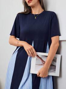 Solavon Women's Round Neck Striped Print Colorblock Short Sleeve Summer Dress - Navy Blue - View 4