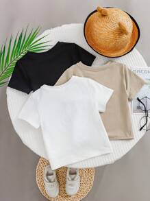 SHEIN Conjunto de 3 piezas para bebé niño con sudadera de punto suave con cuello redondo y mangas cortas con diseño impreso de letras