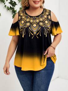 SHEIN Lady Áo thun trễ vai thanh lịch tinh tế Plus Size dành cho nữ đi chơi mùa hè - Màu vàng - Xem 1