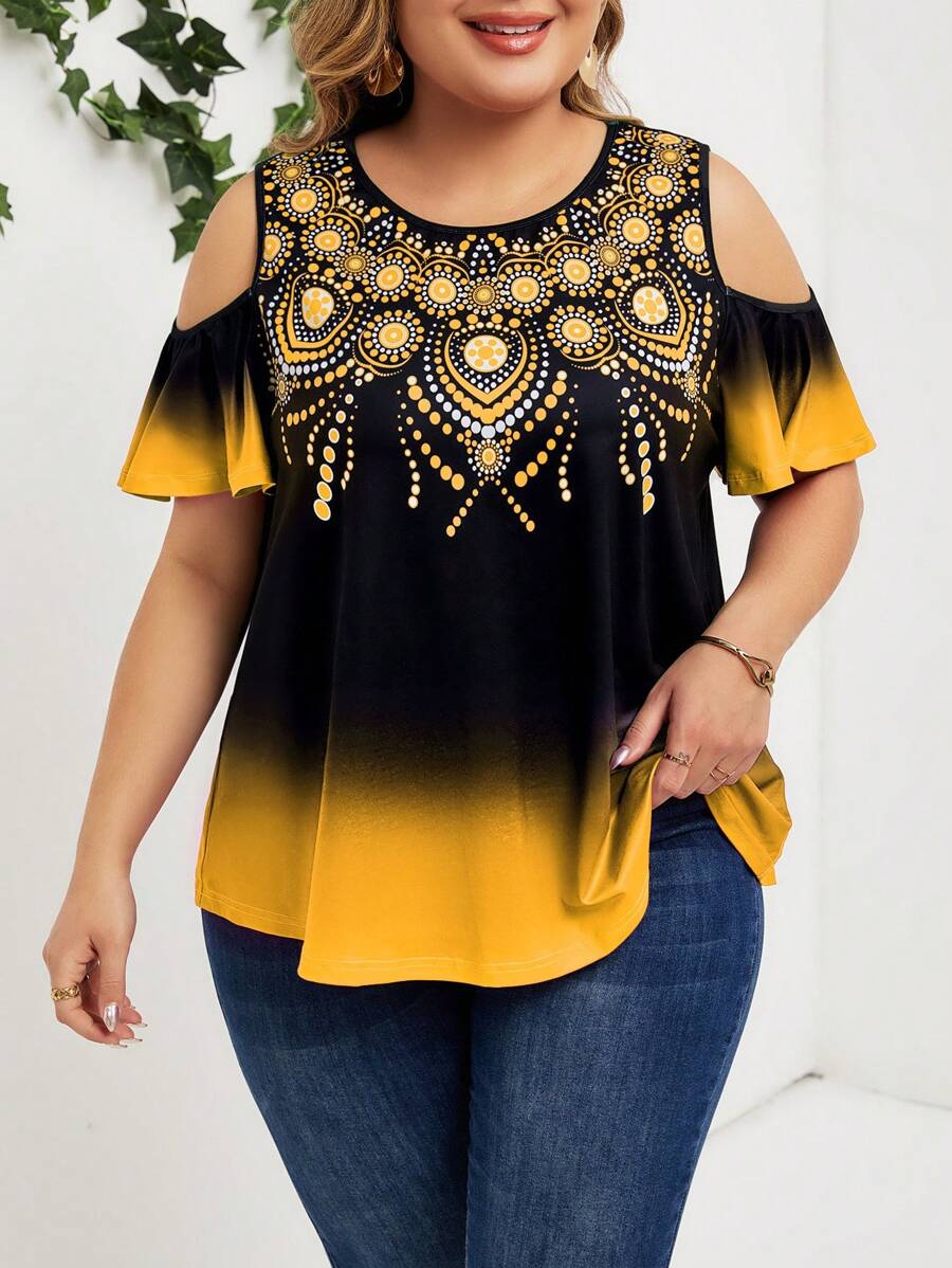 SHEIN Lady Áo thun trễ vai thanh lịch tinh tế Plus Size dành cho nữ đi chơi mùa hè - Màu vàng - Xem 1