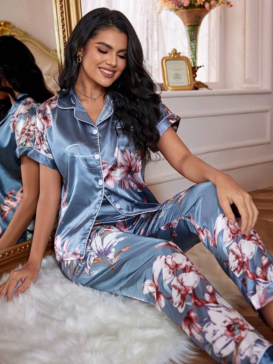 Floral Print Satin Lapel Pajama Set - Dusty Blue - View 1