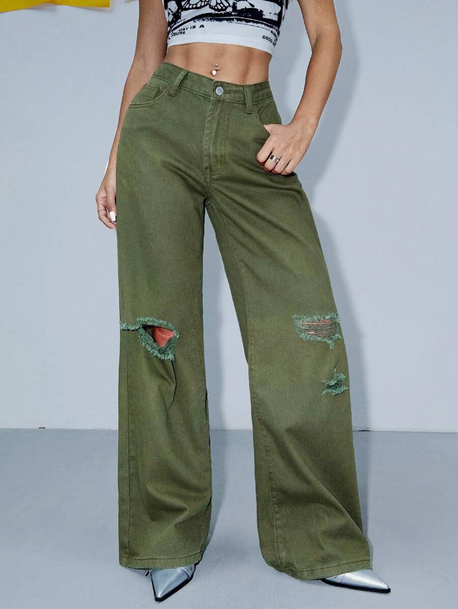 SHEIN ICON Damskie dżinsy o luźnym kroju, z szerokimi nogawkami i przetartymi kieszeniami