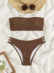 SHEIN Swim 2026 Spring/Summer Women's Brown Backless Sexy Vacation Side High Cut Bikini Swimsuit 2 Pieces Set - Coffee Brown - View 3