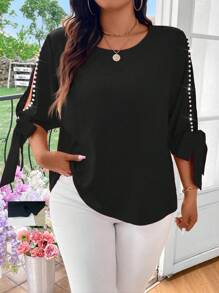 EMERY ROSE Blusa elegante y casual de mujer talla grande, de tejido sólido, con hombros descubiertos y lazo de perlas - Negro - Ver 5