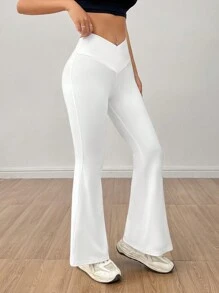 SHEIN PETITE Solid Color Overlap V-Waist Flare White Pants - Grey - View 3