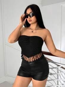 SHEIN ICON Atasan Bandeau Slim Fit dengan Detail Rumbai dan Hem Segitiga dari Kain Bertekstur untuk Wanita Ukuran Plus - Hitam - View 3