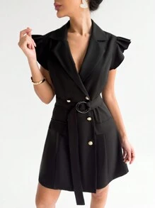 SHEIN Privé Women's Summer Daily Elegance Commuting Fashion Date Resort Buttoned Collar Ruffle Sleeve Cinched Waist A-Line Short Dress Back To School Clothes Teacher Clothes Teacher Dress