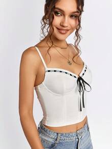 PARTHEA Lace Spliced Tie Front Boning Crop Top - White - View 5
