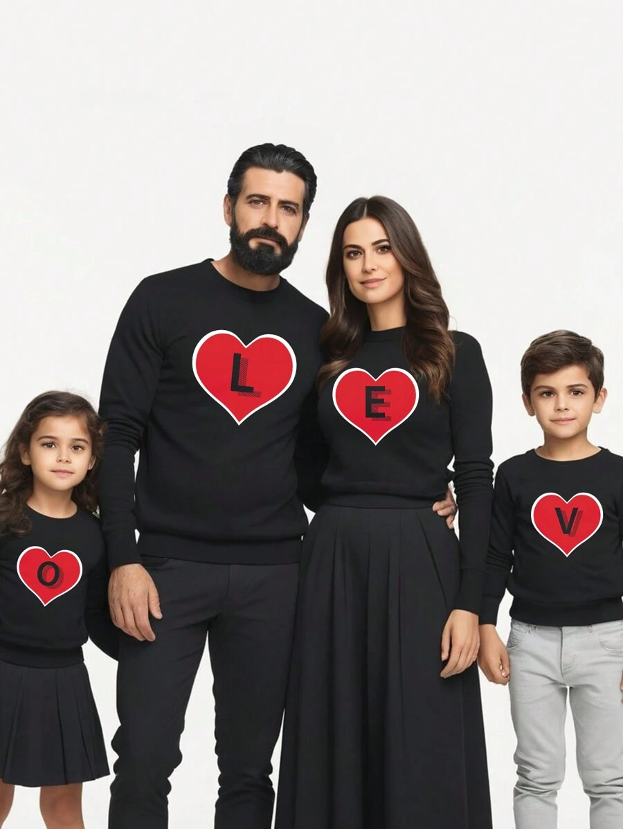 1pc Men's Letter & Heart Printed Round Neck Long Sleeve Sweatshirt - Black - View 1