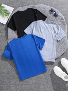 SHEIN 3入組大學字母印花寬鬆短袖T恤，適用於少年男孩 - 藍色 - 查看 2