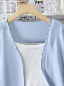 Ensemble trois-pièces casual pour fille préadolescente pour le printemps et l'automne : robe longue à l'avant ouvert, top cami intérieur et pantalon