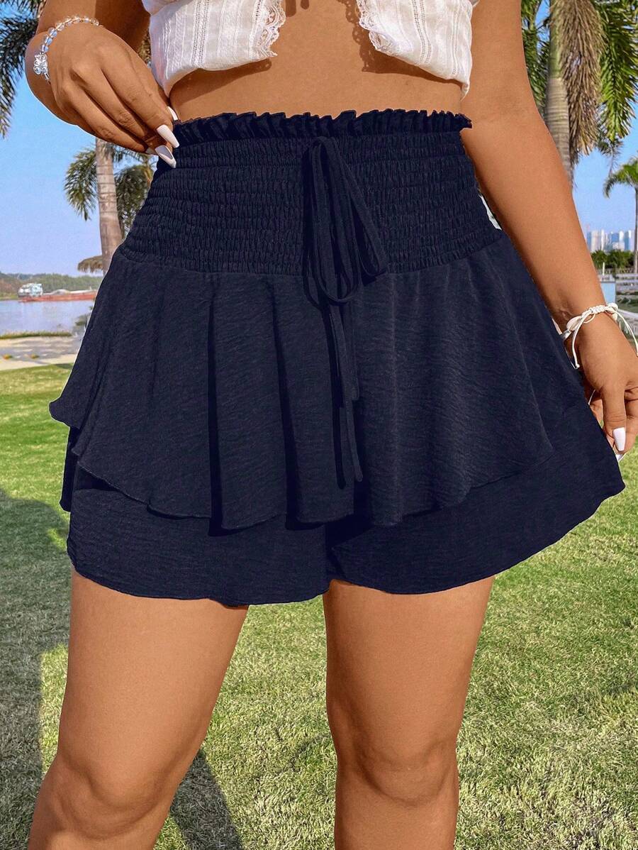 Flirla Quần Short Thắt Eo Túi Giấy Trơn Có Viền Hai Lớp Và Thắt Lưng Cinch, Size Plus - Màu xanh hải quân - Xem 1