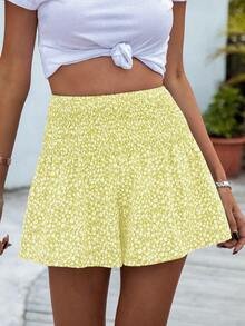SHEIN VCAY Ditsy Floral Shirred Wide Leg Shorts - Yellow - View 5