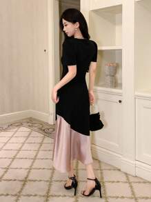 DAZY Color Block Round Neck Women's Short Sleeve Summer Dress,Ruffle - Black - View 2