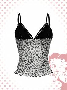 Betty Boop | ROMWE Camiseta sin mangas para mujeres con patrón de encaje contrastante y diseño de dibujos animados