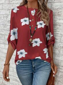 EMERY ROSE Women's Casual Shirt With Random Print, Simple Style - Burgundy - View 3