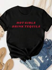 Flirla Áo thun cổ tròn in khẩu hiệu mùa hè ôm vừa vặn, thời trang và hoàn hảo để đi chơi HOT GIRLS DRINK TEQUILA Áo thun họa tiết dành cho nữ - màu đen - Xem 3