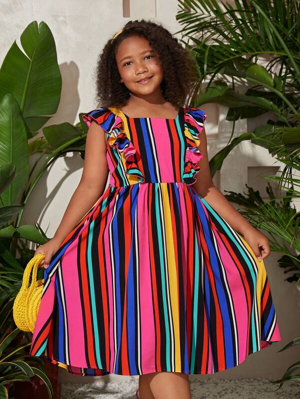 SHEIN Tween Girl Extended Size Loose Casual Striped Color Block Dress With Bow Decoration